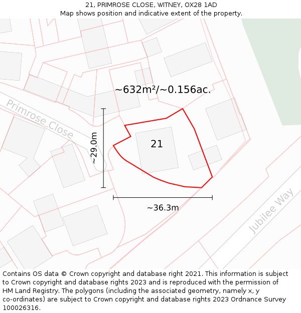 21, PRIMROSE CLOSE, WITNEY, OX28 1AD: Plot and title map