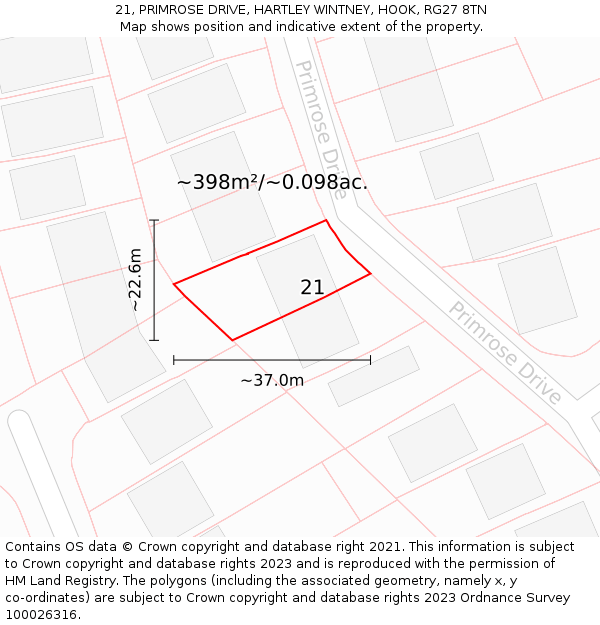 21, PRIMROSE DRIVE, HARTLEY WINTNEY, HOOK, RG27 8TN: Plot and title map