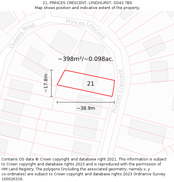 21, PRINCES CRESCENT, LYNDHURST, SO43 7BS: Plot and title map