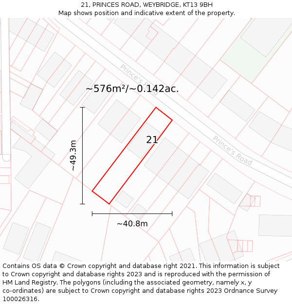 21, PRINCES ROAD, WEYBRIDGE, KT13 9BH: Plot and title map