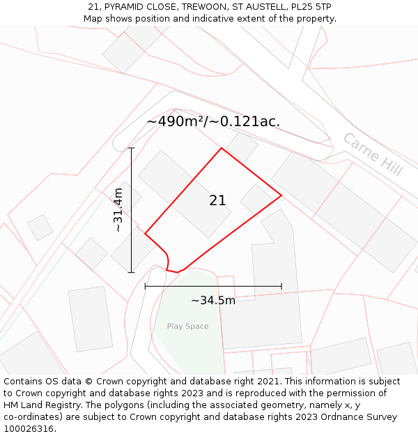 21, PYRAMID CLOSE, TREWOON, ST AUSTELL, PL25 5TP: Plot and title map