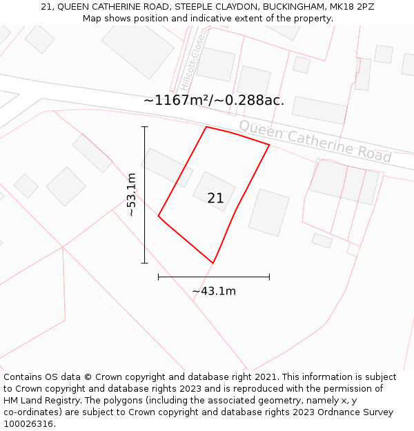 21, QUEEN CATHERINE ROAD, STEEPLE CLAYDON, BUCKINGHAM, MK18 2PZ: Plot and title map