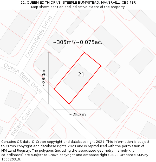 21, QUEEN EDITH DRIVE, STEEPLE BUMPSTEAD, HAVERHILL, CB9 7ER: Plot and title map