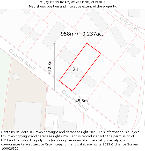 21, QUEENS ROAD, WEYBRIDGE, KT13 9UE: Plot and title map