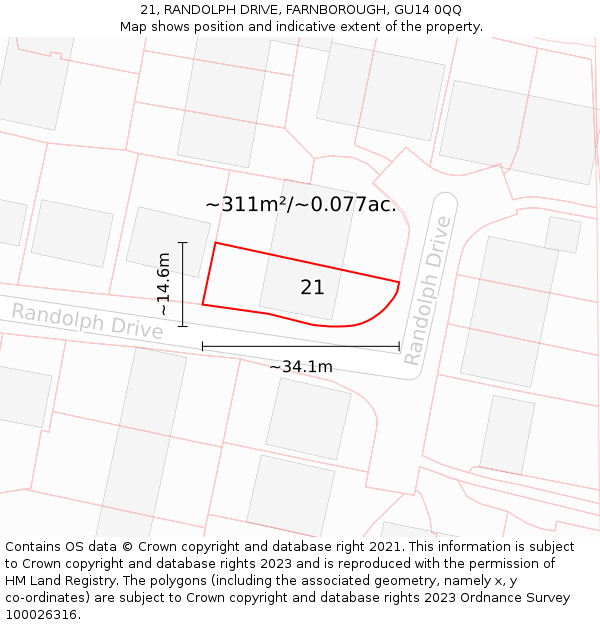 21, RANDOLPH DRIVE, FARNBOROUGH, GU14 0QQ: Plot and title map