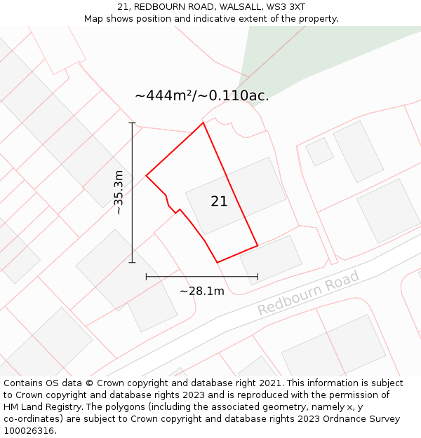 21, REDBOURN ROAD, WALSALL, WS3 3XT: Plot and title map