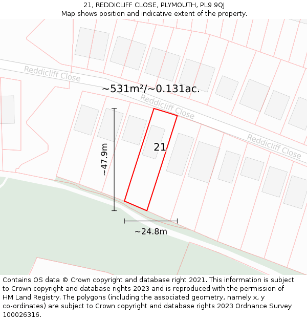 21, REDDICLIFF CLOSE, PLYMOUTH, PL9 9QJ: Plot and title map