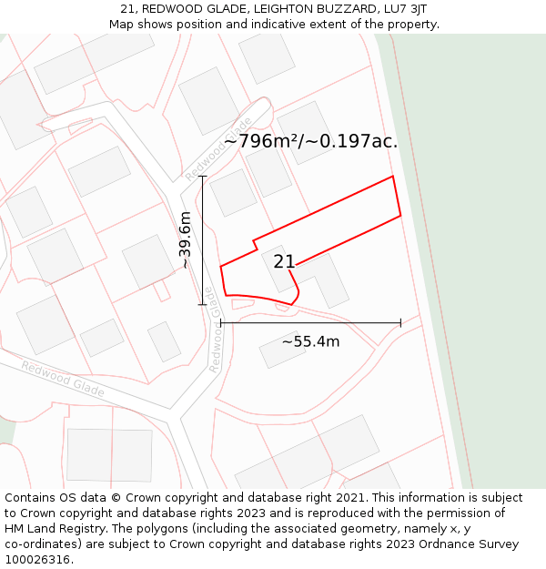 21, REDWOOD GLADE, LEIGHTON BUZZARD, LU7 3JT: Plot and title map