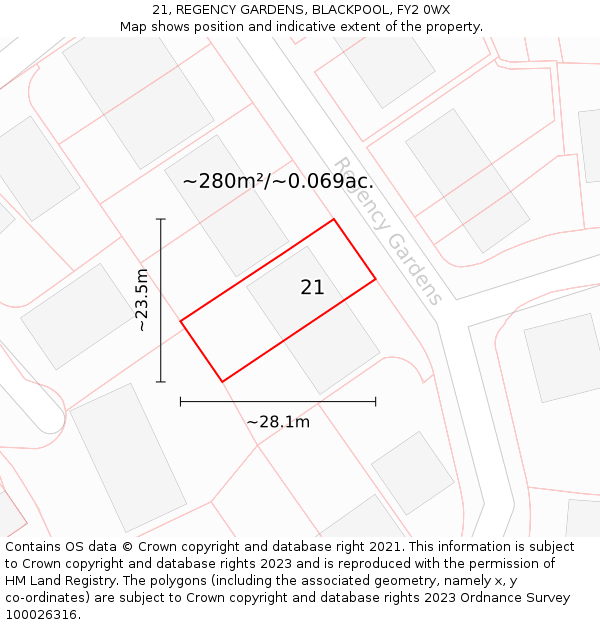 21, REGENCY GARDENS, BLACKPOOL, FY2 0WX: Plot and title map