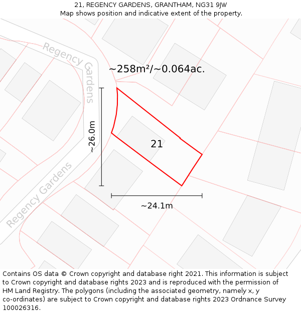 21, REGENCY GARDENS, GRANTHAM, NG31 9JW: Plot and title map