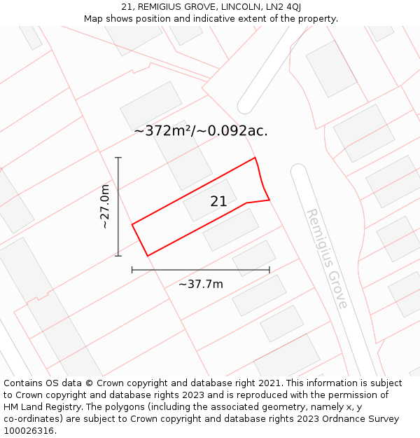 21, REMIGIUS GROVE, LINCOLN, LN2 4QJ: Plot and title map