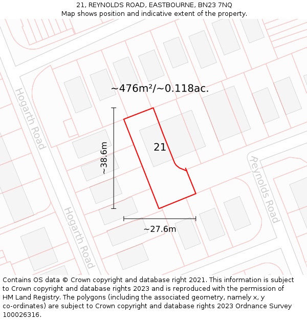 21, REYNOLDS ROAD, EASTBOURNE, BN23 7NQ: Plot and title map