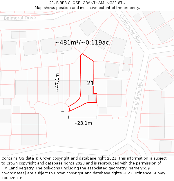 21, RIBER CLOSE, GRANTHAM, NG31 8TU: Plot and title map