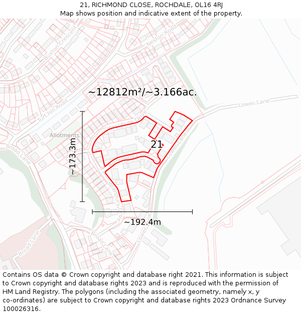 21, RICHMOND CLOSE, ROCHDALE, OL16 4RJ: Plot and title map