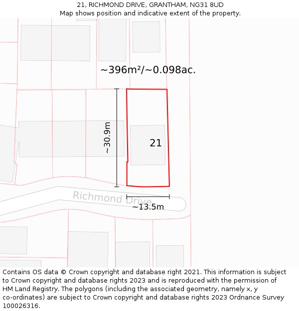 21, RICHMOND DRIVE, GRANTHAM, NG31 8UD: Plot and title map