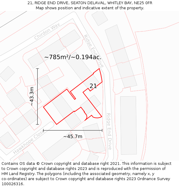 21, RIDGE END DRIVE, SEATON DELAVAL, WHITLEY BAY, NE25 0FR: Plot and title map