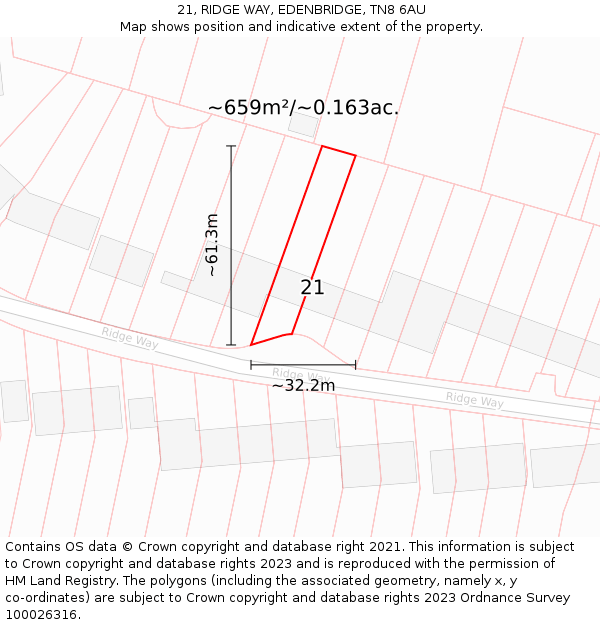 21, RIDGE WAY, EDENBRIDGE, TN8 6AU: Plot and title map