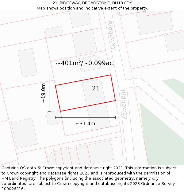 21, RIDGEWAY, BROADSTONE, BH18 8DY: Plot and title map