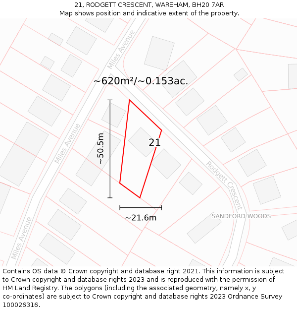 21, RODGETT CRESCENT, WAREHAM, BH20 7AR: Plot and title map