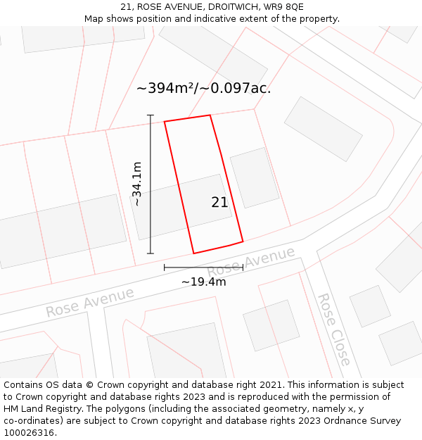 21, ROSE AVENUE, DROITWICH, WR9 8QE: Plot and title map