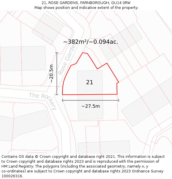 21, ROSE GARDENS, FARNBOROUGH, GU14 0RW: Plot and title map