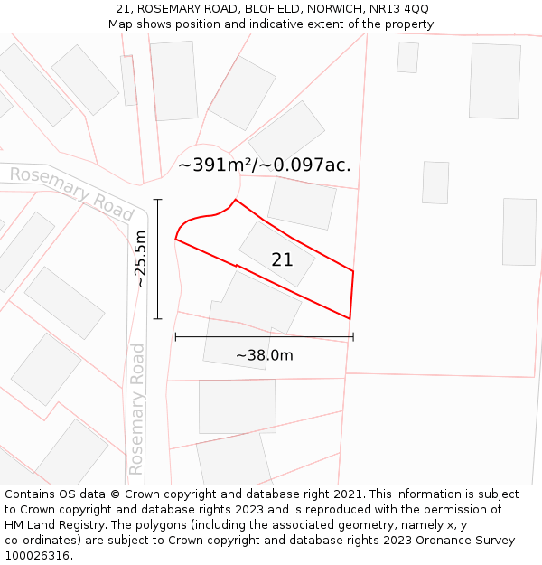 21, ROSEMARY ROAD, BLOFIELD, NORWICH, NR13 4QQ: Plot and title map