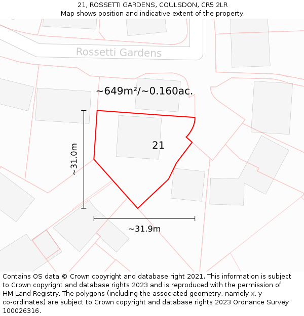 21, ROSSETTI GARDENS, COULSDON, CR5 2LR: Plot and title map