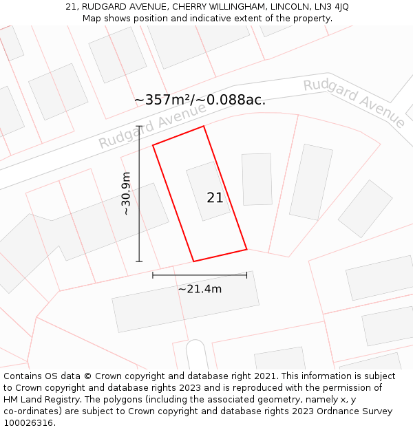 21, RUDGARD AVENUE, CHERRY WILLINGHAM, LINCOLN, LN3 4JQ: Plot and title map