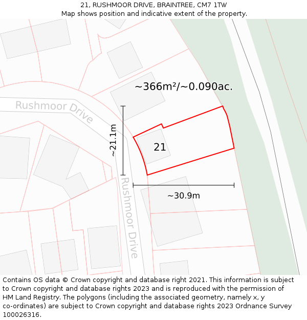 21, RUSHMOOR DRIVE, BRAINTREE, CM7 1TW: Plot and title map