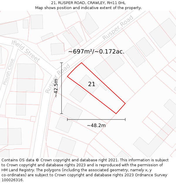 21, RUSPER ROAD, CRAWLEY, RH11 0HL: Plot and title map