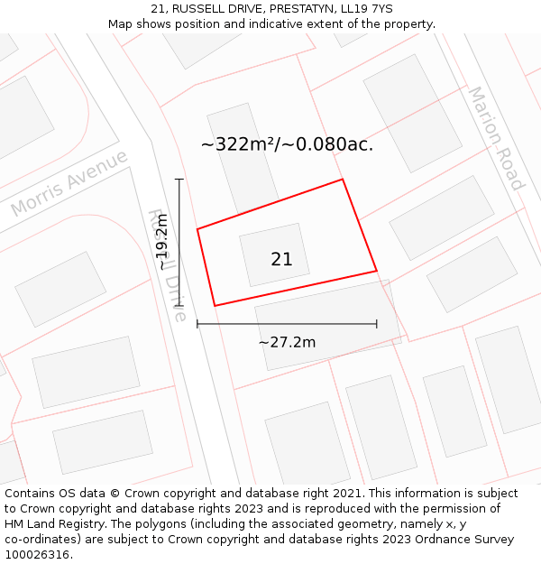 21, RUSSELL DRIVE, PRESTATYN, LL19 7YS: Plot and title map