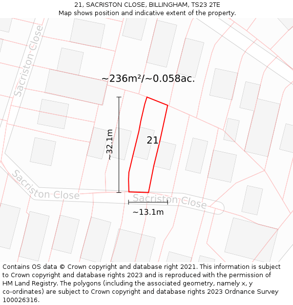 21, SACRISTON CLOSE, BILLINGHAM, TS23 2TE: Plot and title map