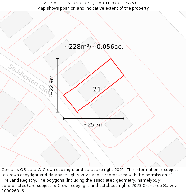 21, SADDLESTON CLOSE, HARTLEPOOL, TS26 0EZ: Plot and title map