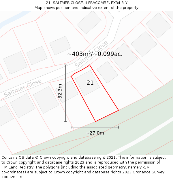 21, SALTMER CLOSE, ILFRACOMBE, EX34 8LY: Plot and title map