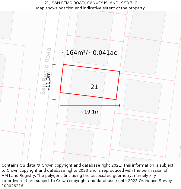 21, SAN REMO ROAD, CANVEY ISLAND, SS8 7LG: Plot and title map