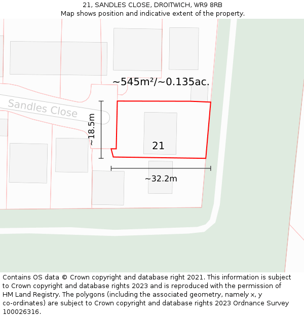 21, SANDLES CLOSE, DROITWICH, WR9 8RB: Plot and title map