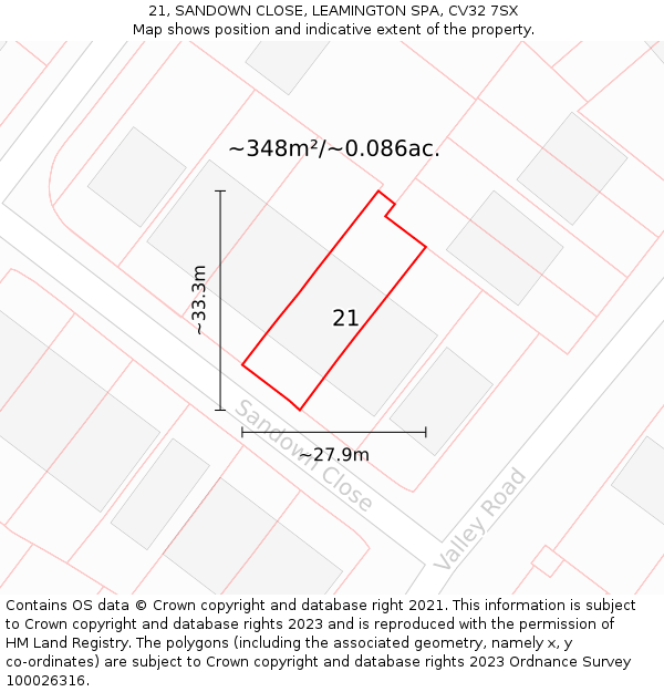 21, SANDOWN CLOSE, LEAMINGTON SPA, CV32 7SX: Plot and title map