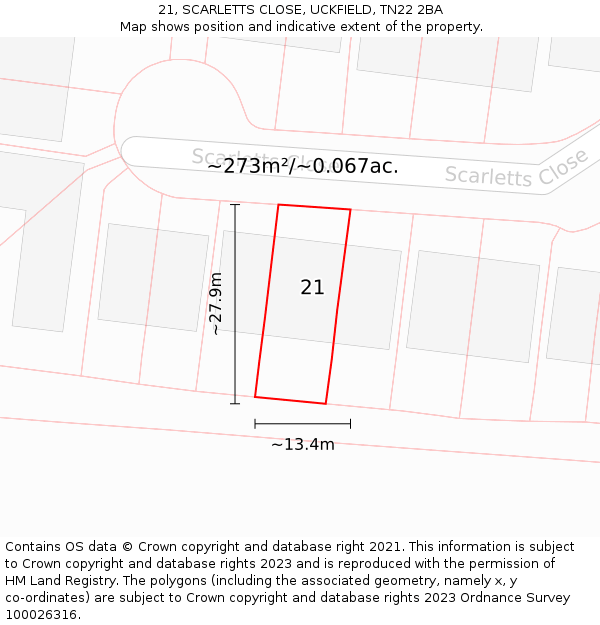 21, SCARLETTS CLOSE, UCKFIELD, TN22 2BA: Plot and title map