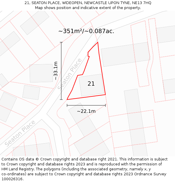 21, SEATON PLACE, WIDEOPEN, NEWCASTLE UPON TYNE, NE13 7HQ: Plot and title map