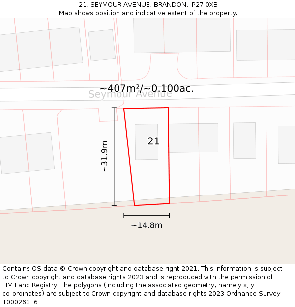 21, SEYMOUR AVENUE, BRANDON, IP27 0XB: Plot and title map