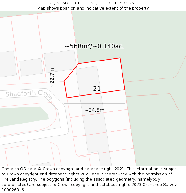 21, SHADFORTH CLOSE, PETERLEE, SR8 2NG: Plot and title map