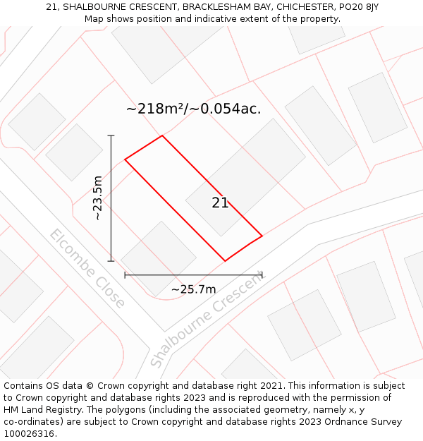 21, SHALBOURNE CRESCENT, BRACKLESHAM BAY, CHICHESTER, PO20 8JY: Plot and title map