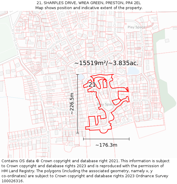 21, SHARPLES DRIVE, WREA GREEN, PRESTON, PR4 2EL: Plot and title map