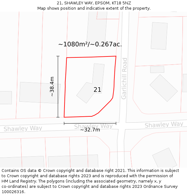 21, SHAWLEY WAY, EPSOM, KT18 5NZ: Plot and title map