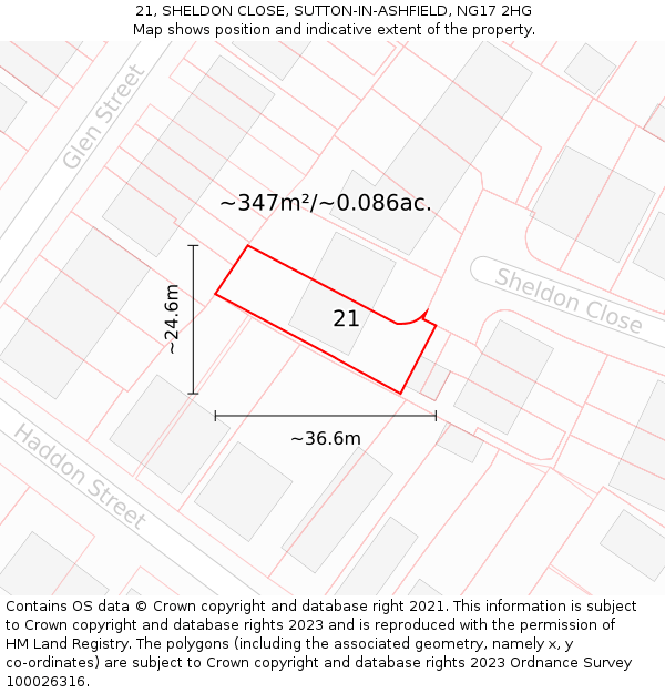 21, SHELDON CLOSE, SUTTON-IN-ASHFIELD, NG17 2HG: Plot and title map