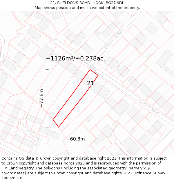 21, SHELDONS ROAD, HOOK, RG27 9DL: Plot and title map