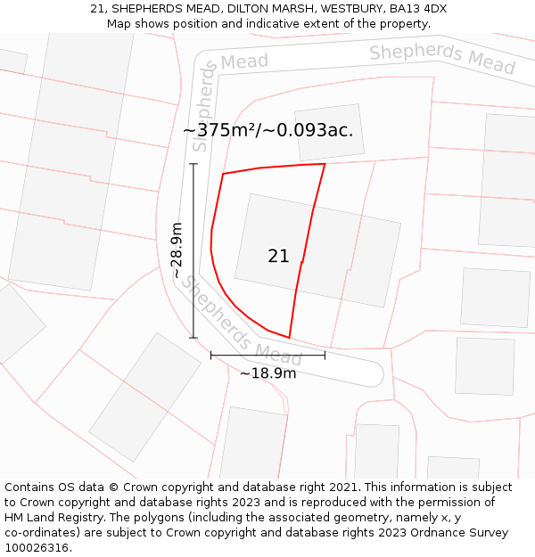 21, SHEPHERDS MEAD, DILTON MARSH, WESTBURY, BA13 4DX: Plot and title map