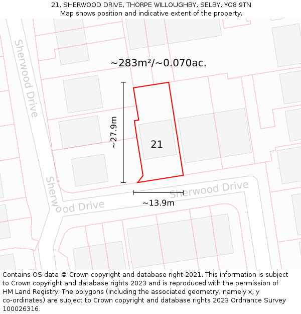 21, SHERWOOD DRIVE, THORPE WILLOUGHBY, SELBY, YO8 9TN: Plot and title map