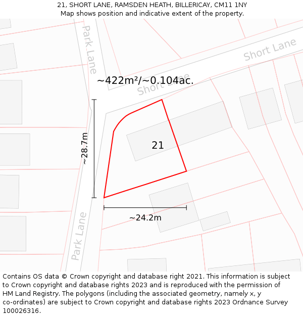 21, SHORT LANE, RAMSDEN HEATH, BILLERICAY, CM11 1NY: Plot and title map