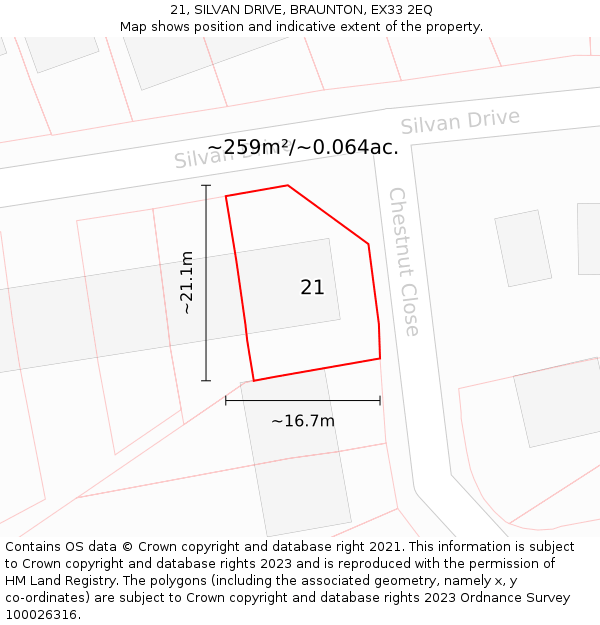 21, SILVAN DRIVE, BRAUNTON, EX33 2EQ: Plot and title map